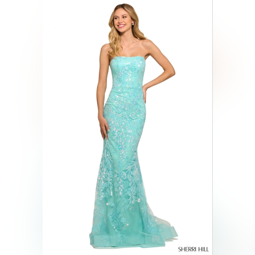 Sherri Hill #55501 Aqua Beaded Lace Prom Gown, Size 8
